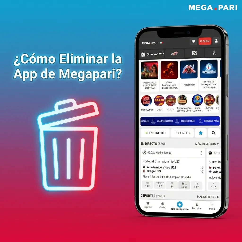 Pantalla de smartphone mostrando el proceso de desinstalación de la aplicación Megapari en Android e iOS
