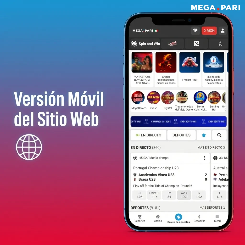Megapari mobile website interface on smartphone screen showing betting options and navigation menu