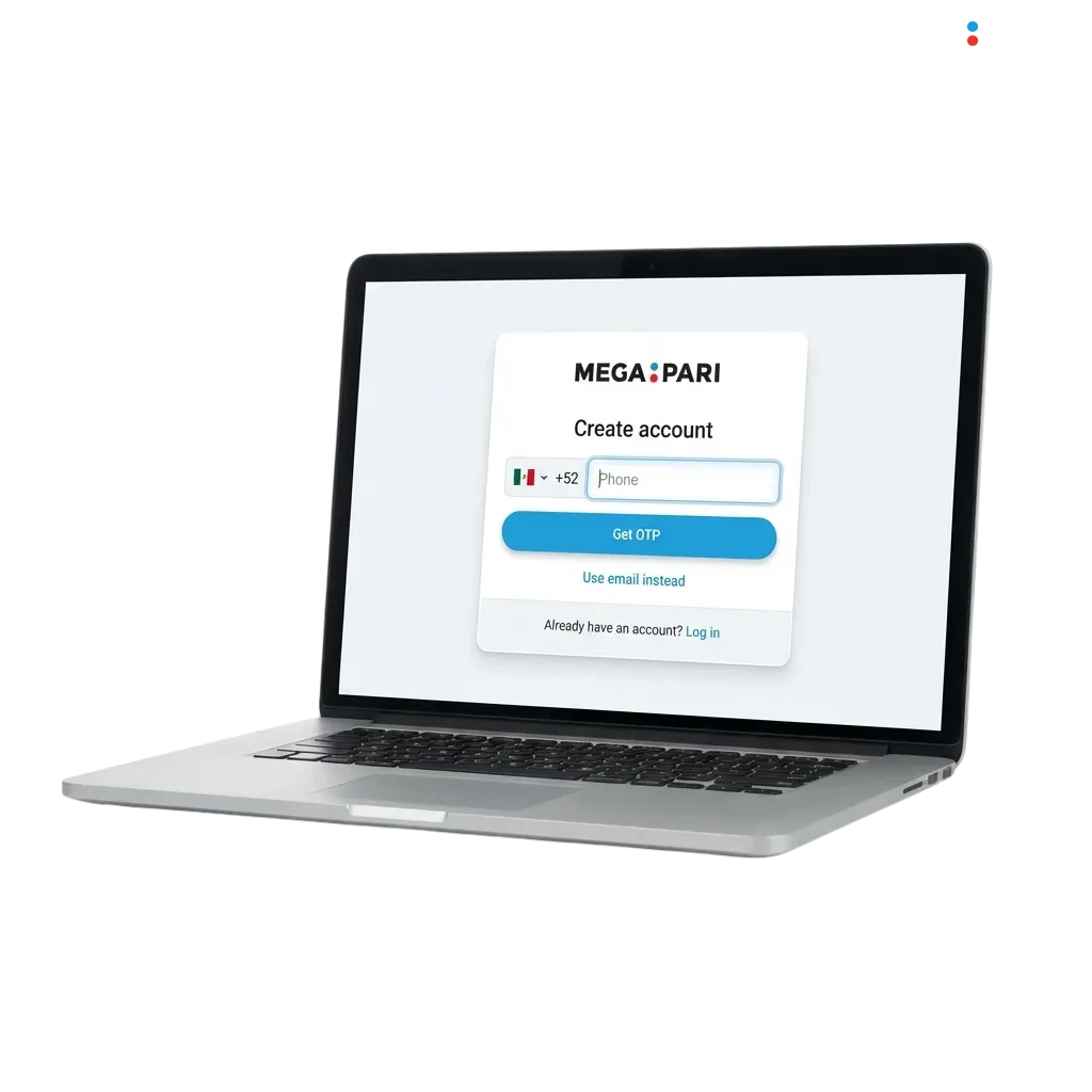 Pantalla de registro de Megapari México mostrando opciones de creación de cuenta y bono de bienvenida disponible