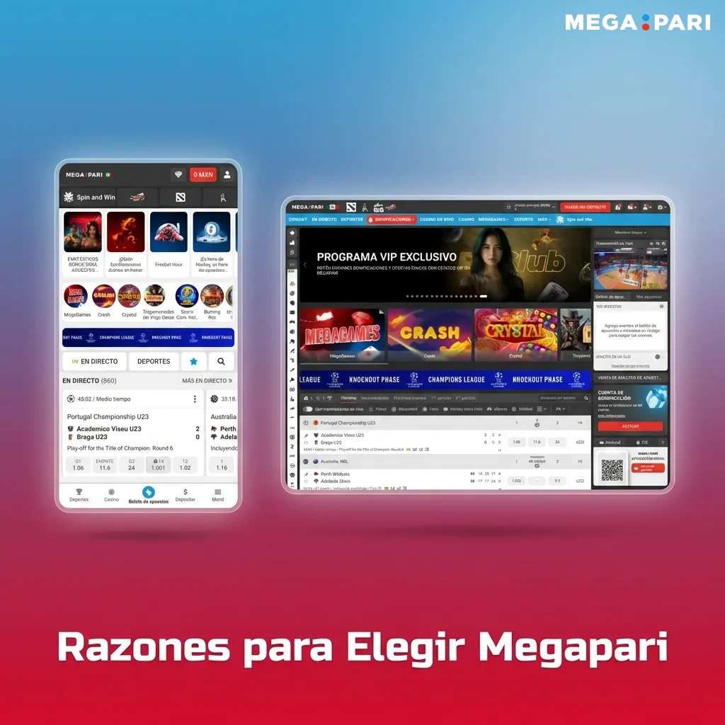 Megapari logo con íconos de deportes, bonos y métodos de pago mexicanos como SPEI, OXXO y CoDi