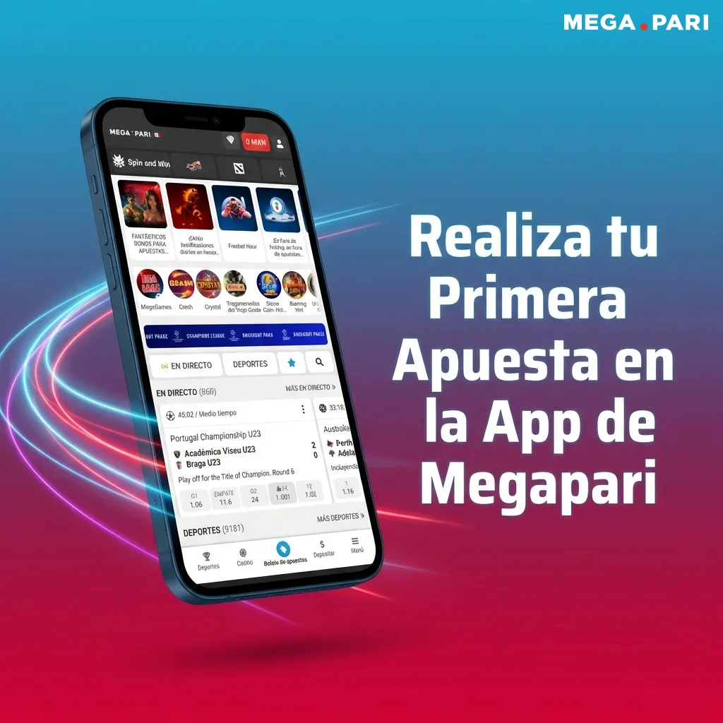 Interfaz de la app Megapari mostrando los pasos para realizar una apuesta deportiva desde el móvil