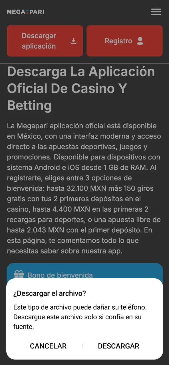Megapari completa descarga tras confirmar archivo.