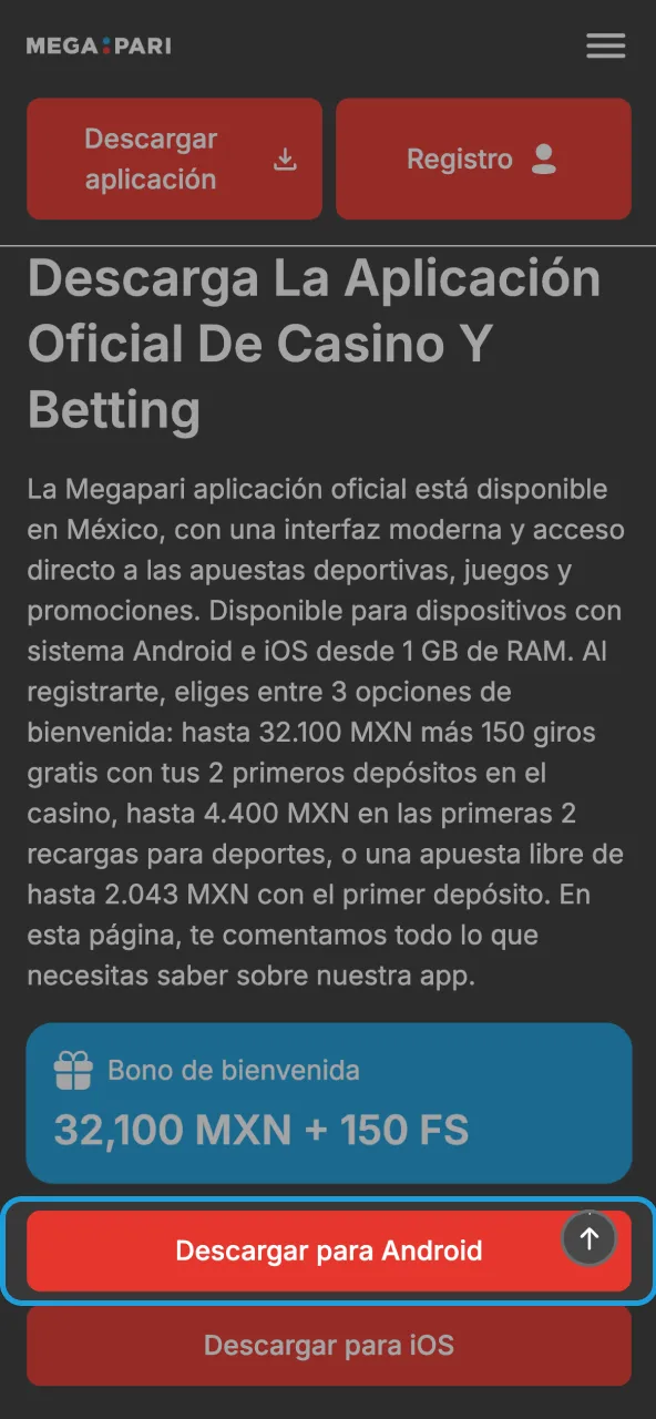 Accede a sitio Megapari y busca aplicación móvil.
