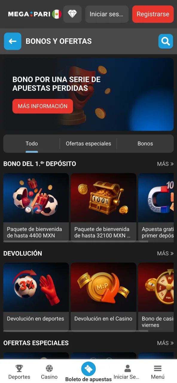 Bonos Megapari México disponibles en aplicación móvil.