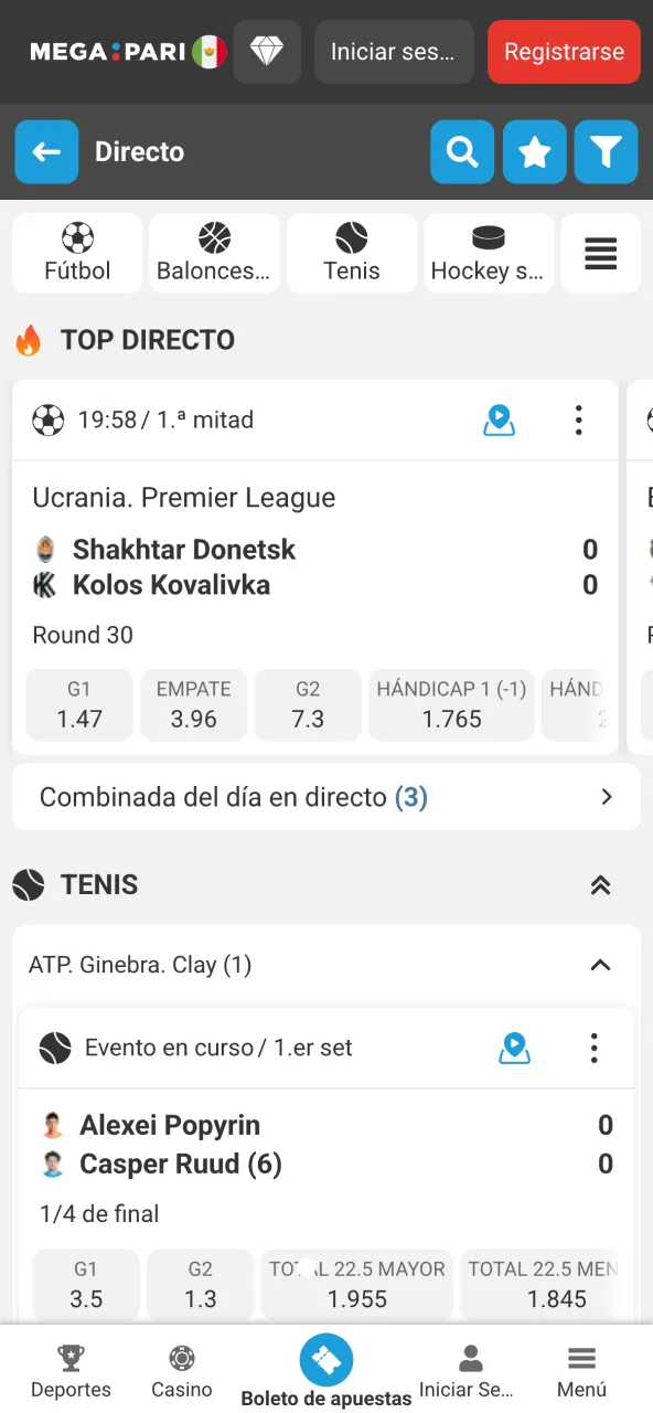 Deportes Megapari móvil con miles de eventos.