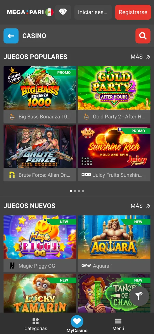 Megapari app ofrece casino en vivo México.