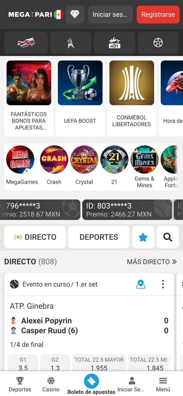 Megapari app inicio con casino y apuestas.