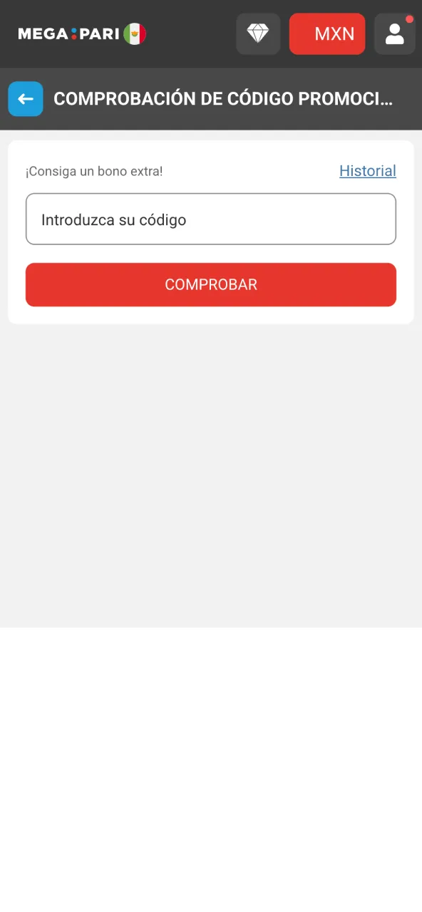 Introduce código válido en Megapari para tu bono.