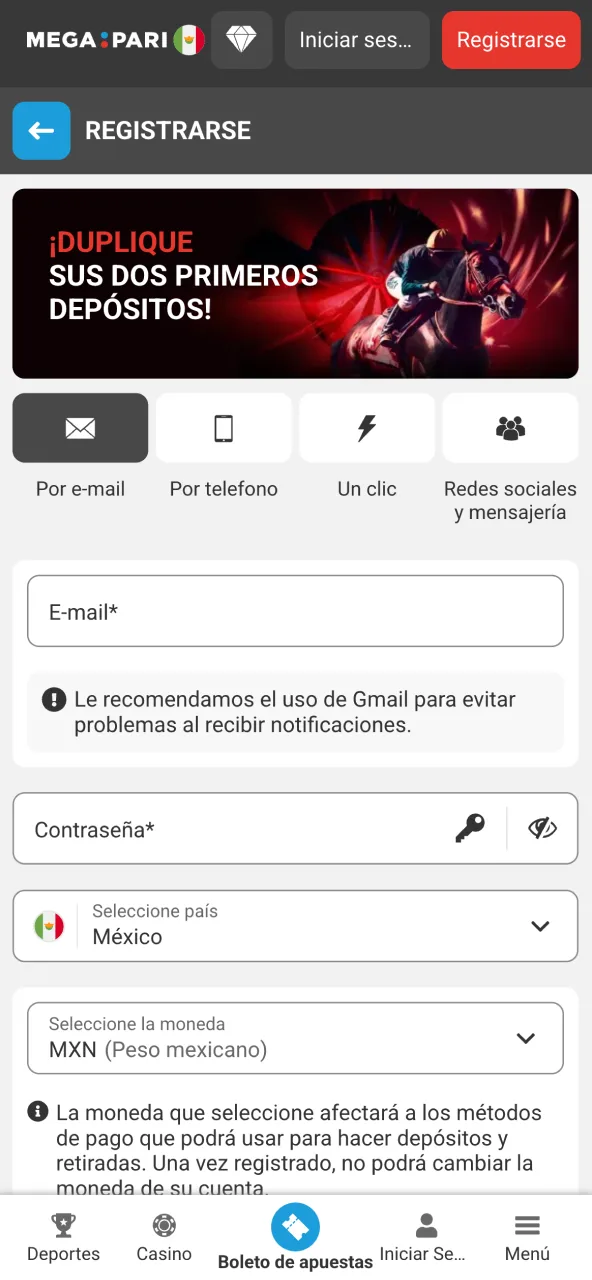 Completa formulario de registro en Megapari con datos reales.