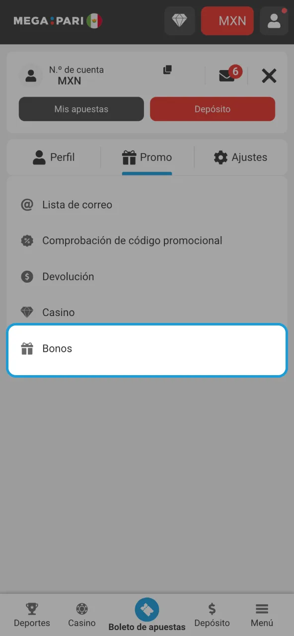 Megapari acredita bono y muestra saldo disponible.