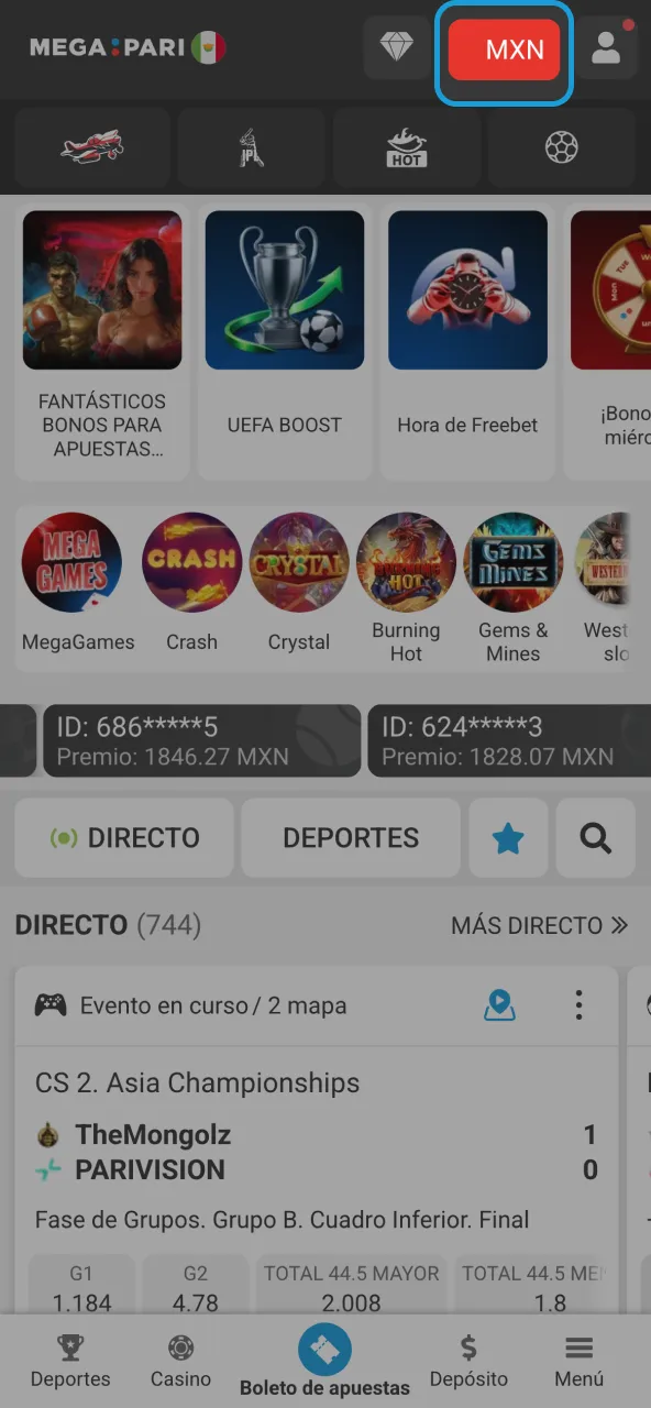 Botón Depositar en Megapari abre opciones bancarias.