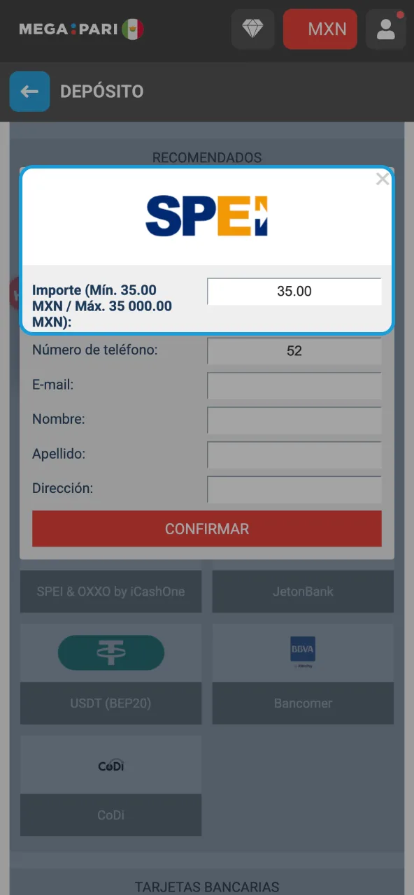 Megapari solicita monto correcto antes de confirmar transacción.