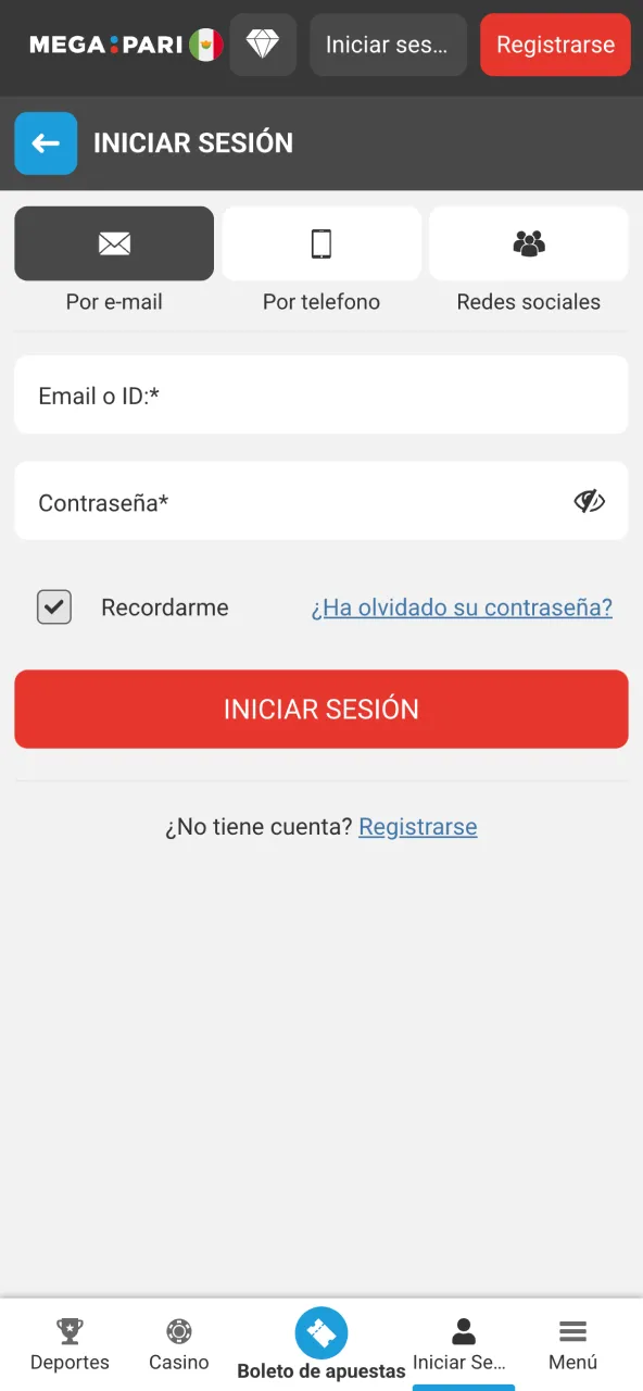 Accede al sitio oficial Megapari usando tus datos.