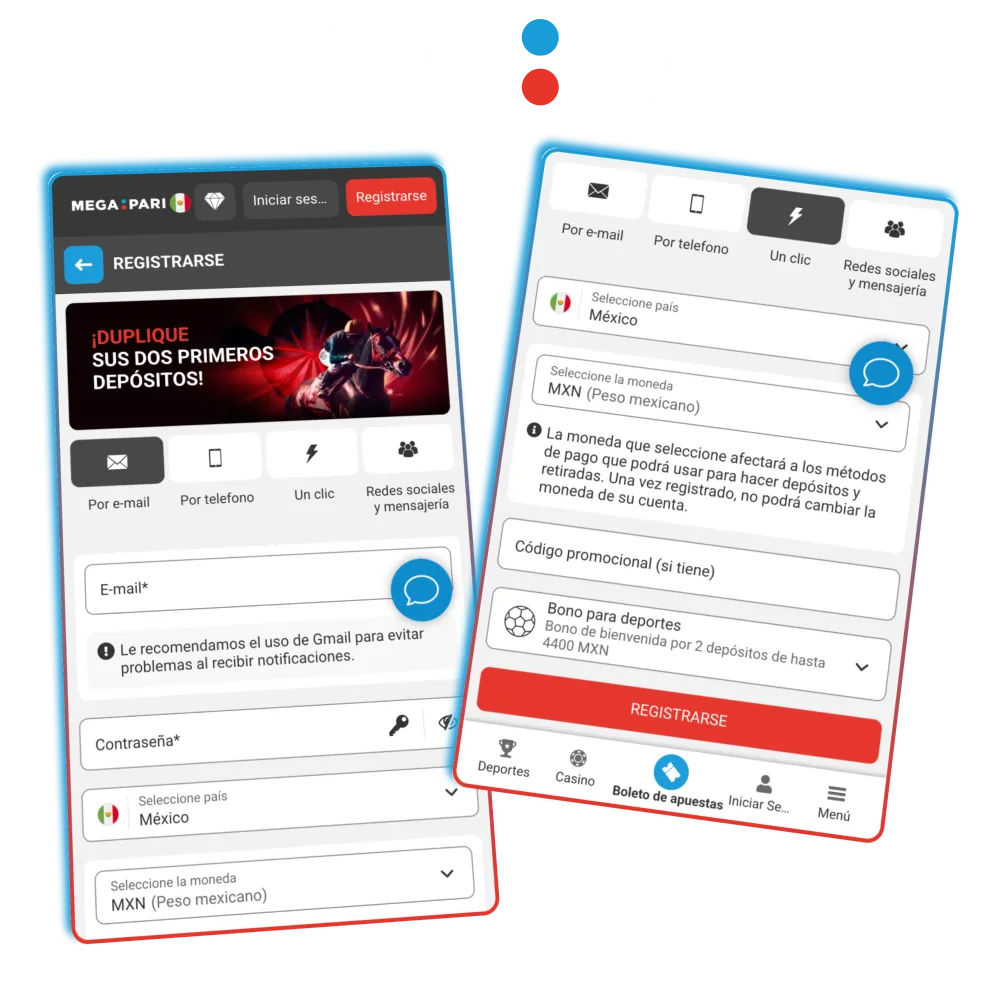 Megapari crea tu cuenta con correo o teléfono.