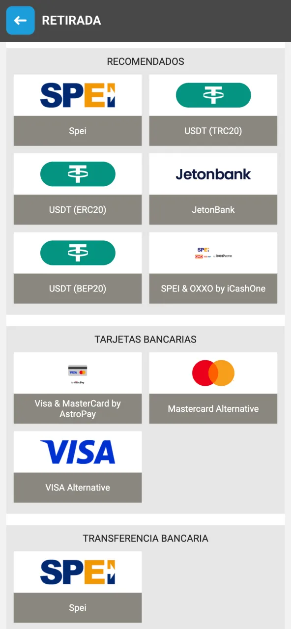 Selecciona tu sistema preferido en Megapari para retirar fondos.