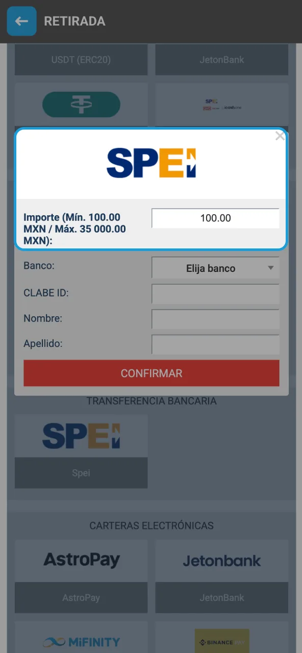 Introduce cantidad en Megapari asegurando saldo suficiente.