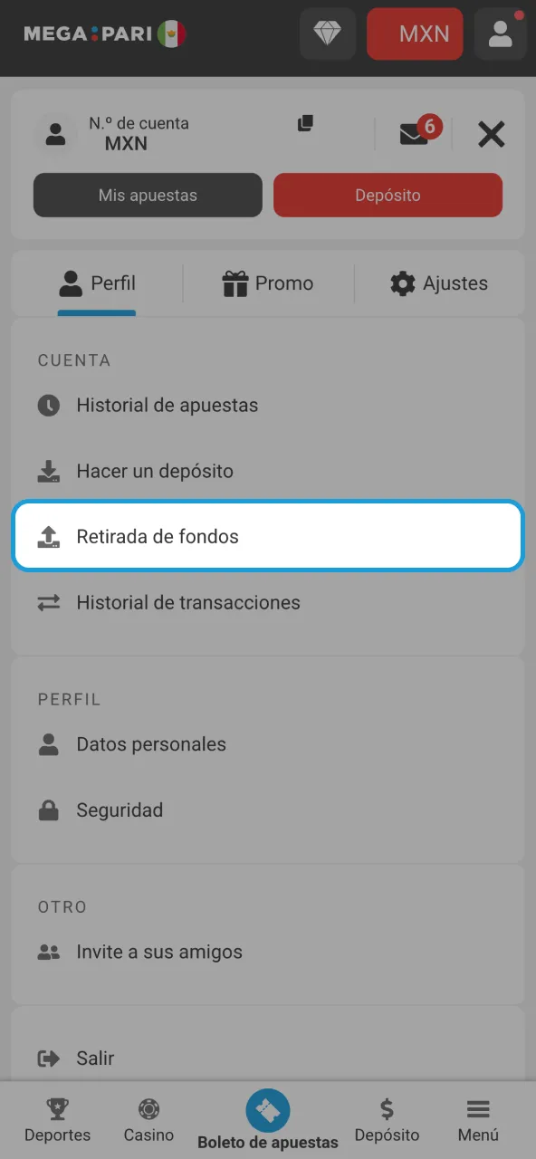 Megapari ofrece retiros fáciles desde tu perfil.